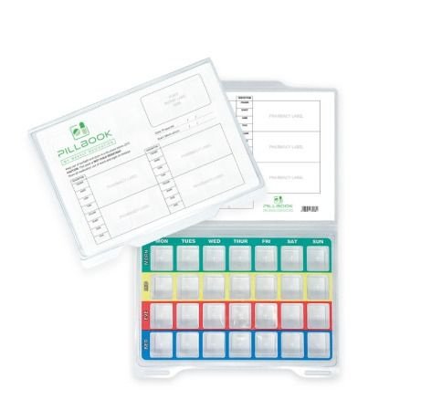Weekly blister pack tray with 28 labelled compartments, one for each dose time across the week